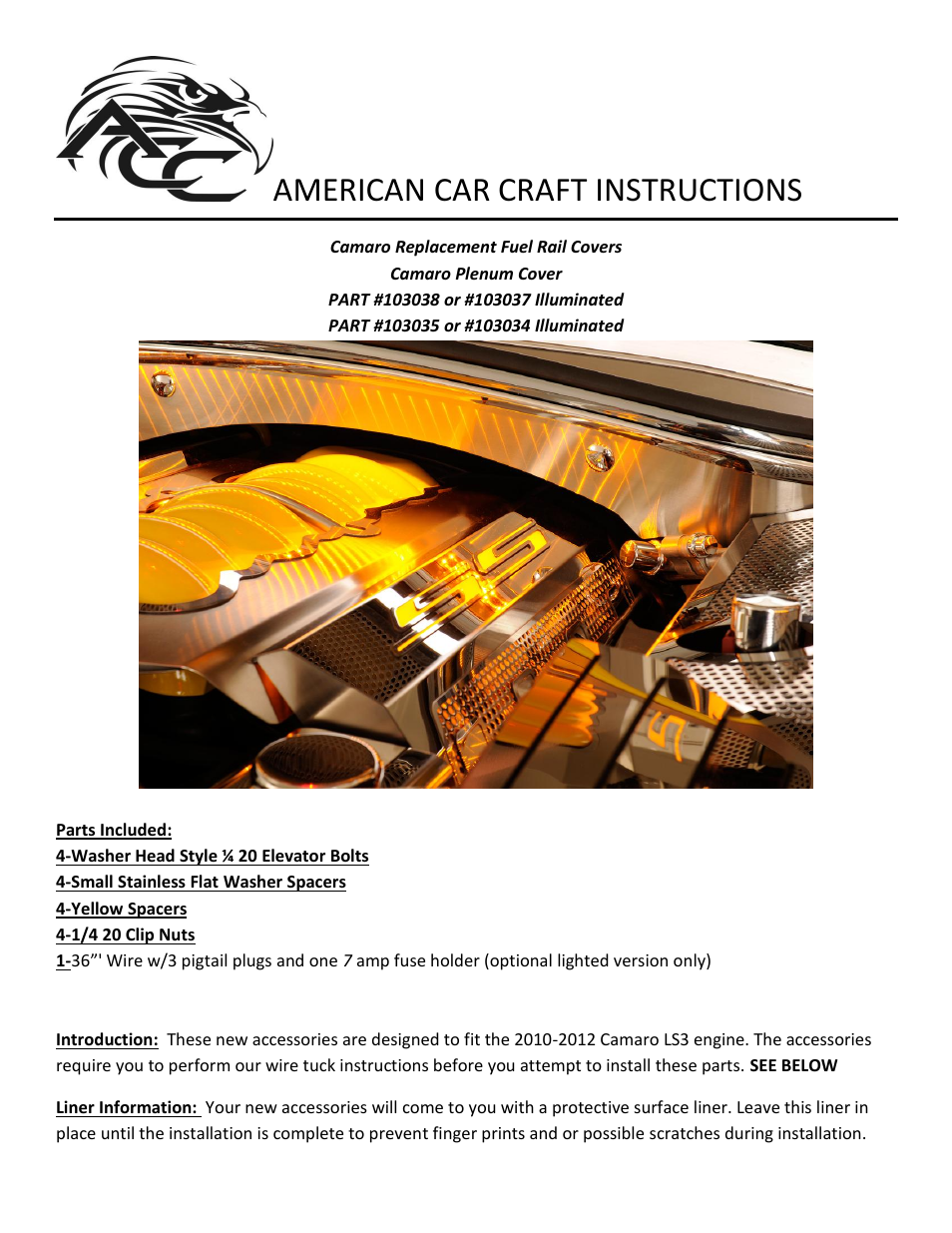 American Car Craft Camaro Fuel Rail Covers Perforated "SS Style Illuminated 2010-2013" User Manual | 4 pages