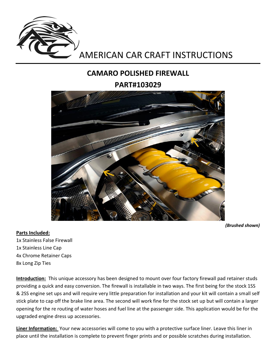 American Car Craft Camaro Firewall Brushed V6 & V8 2010-2013 User Manual | 2 pages