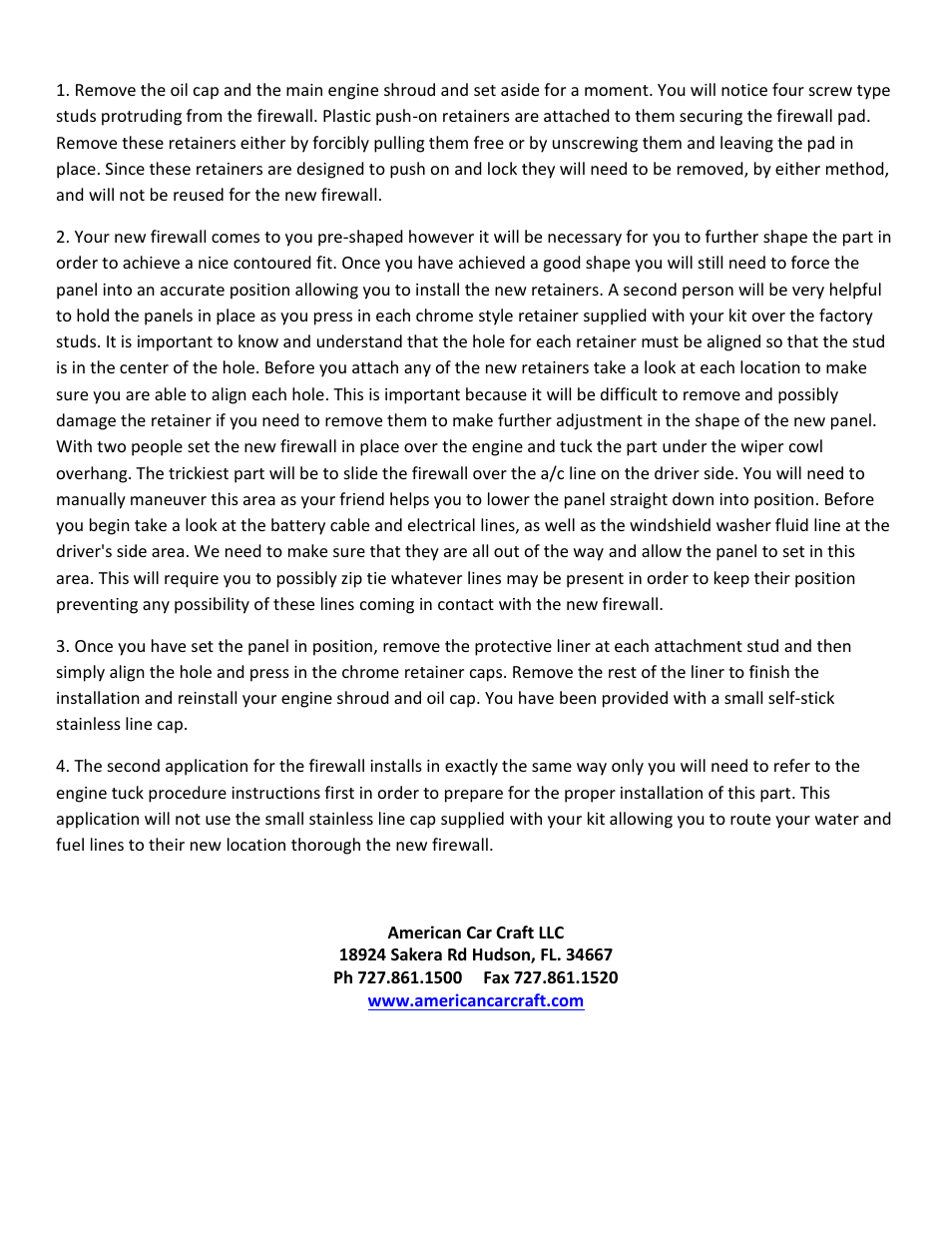 American Car Craft Camaro Firewall Brushed V6 & V8 2010-2013 User Manual | Page 2 / 2