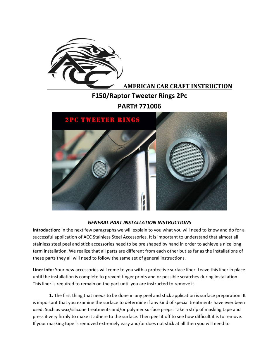 American Car Craft Ford F150_Raptor Tweeter Rings 2Pc Polished 2009-2013 User Manual | 2 pages