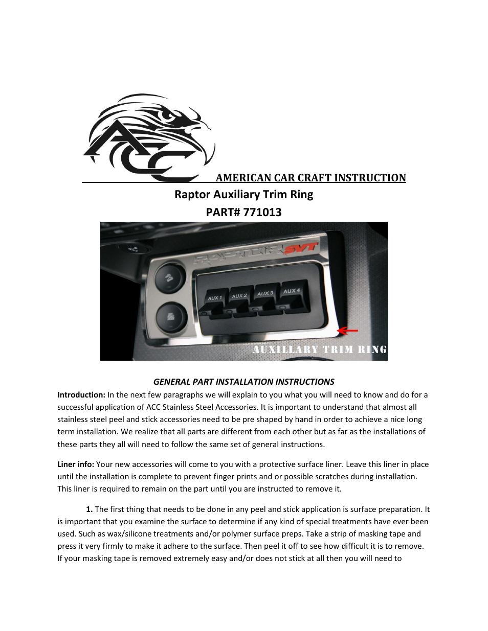 American Car Craft Ford Raptor Auxiliary Trim Ring Brushed 2010-2013 User Manual | 2 pages