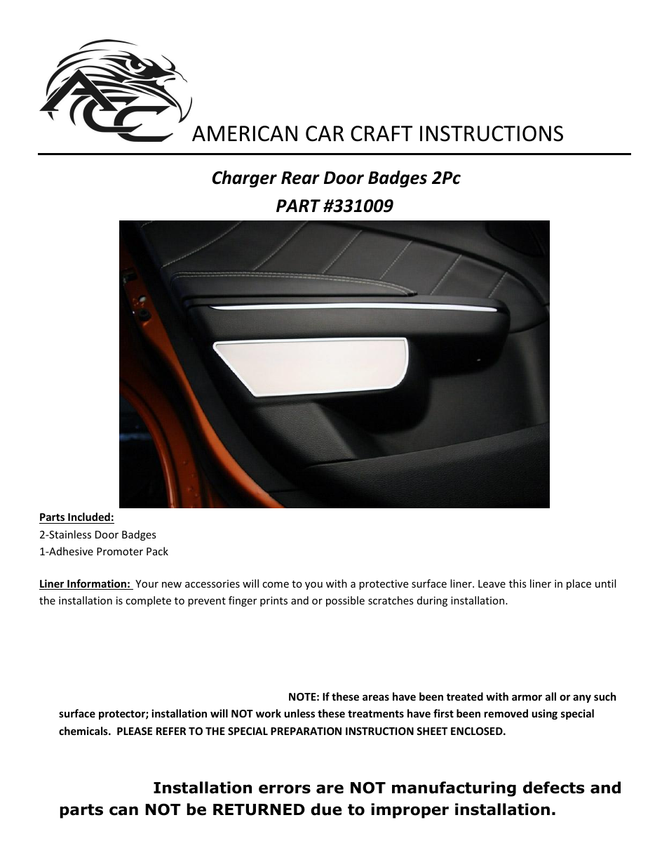 American Car Craft Dodge Charger Door Badges 2Pc Rear Brushed 2011-2013 User Manual | 2 pages