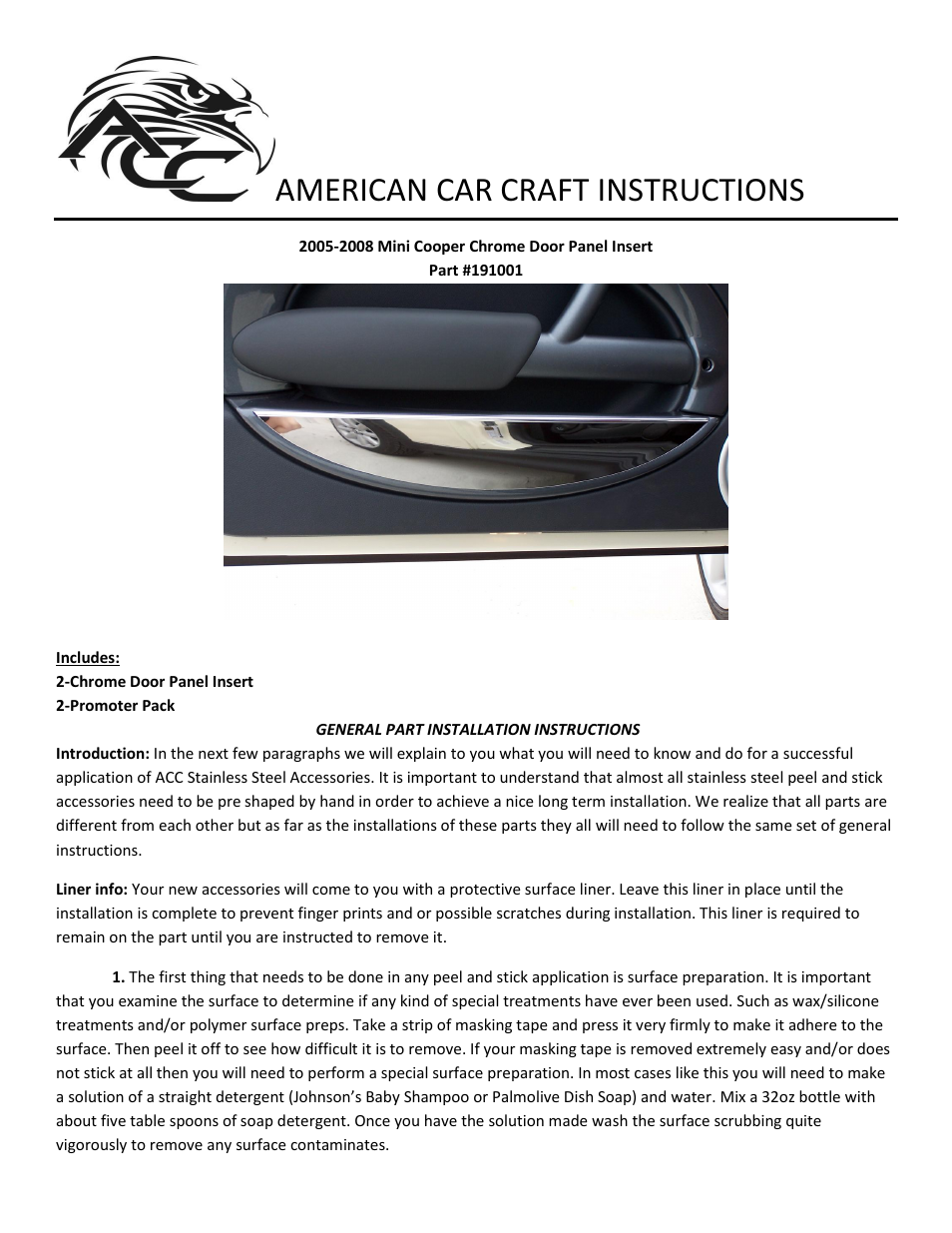 American Car Craft Mini Cooper Coupe S Door Panel Inserts Chrome ABS 2005-2008 User Manual | 2 pages