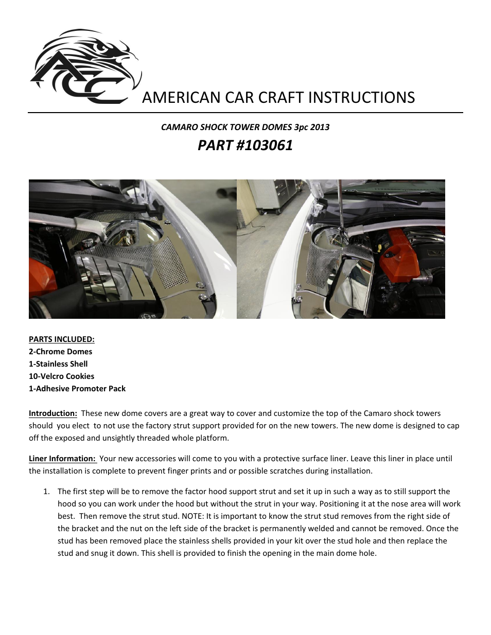 American Car Craft Camaro Shock Tower Dome Kit Polished Stand Alone 3Pc 2011-2013 User Manual | 2 pages