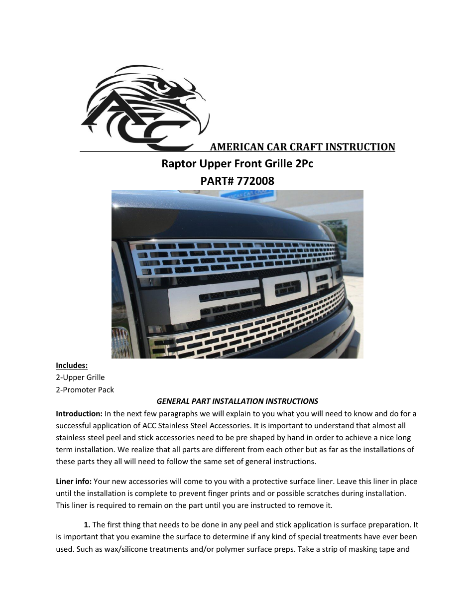 American Car Craft Ford Raptor Upper Front Grille Polished 2Pc 2010-2013 User Manual | 2 pages