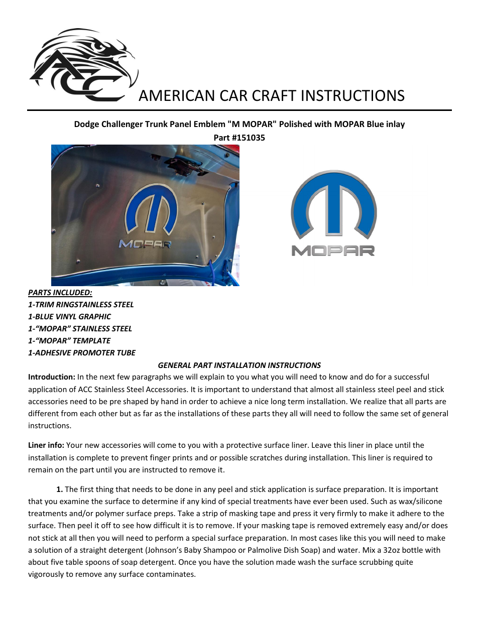 American Car Craft Challenger Trunk Panel Omega "M Emblem with Blue inlay and "MOPAR" letters 2008-2013" User Manual | 2 pages