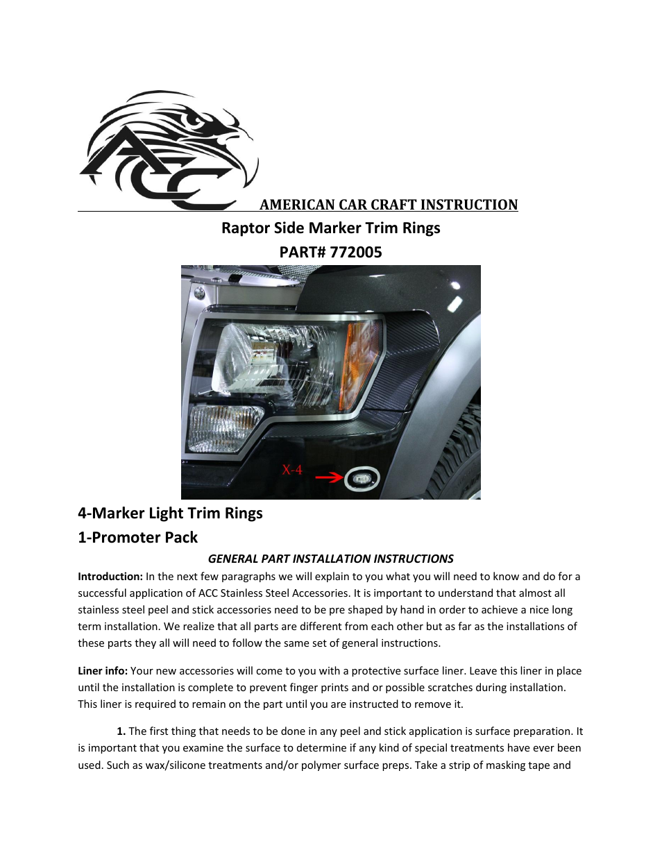 American Car Craft Ford Raptor Marker Light Trim Rings Brushed 4Pc 2010-2013 User Manual | 2 pages