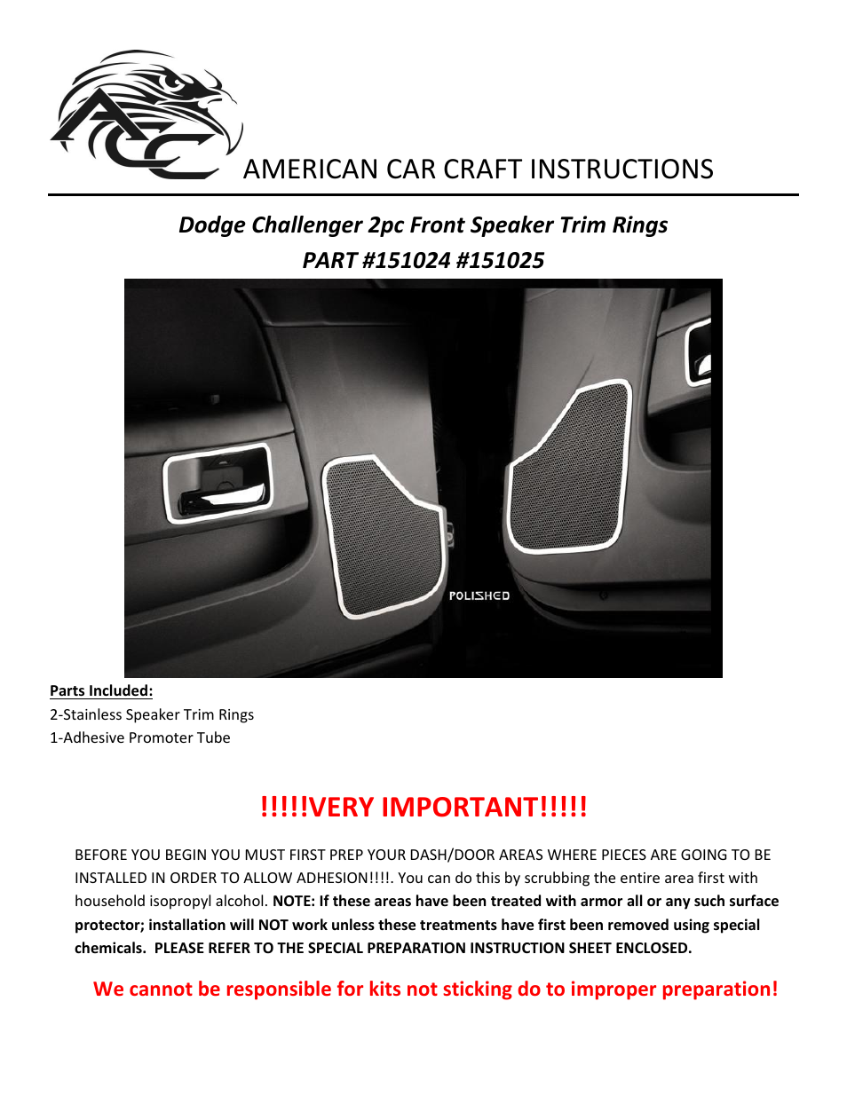 American Car Craft Challenger Speaker Trim Rings Front Door Brushed 2Pc 2008-2013 User Manual | 2 pages