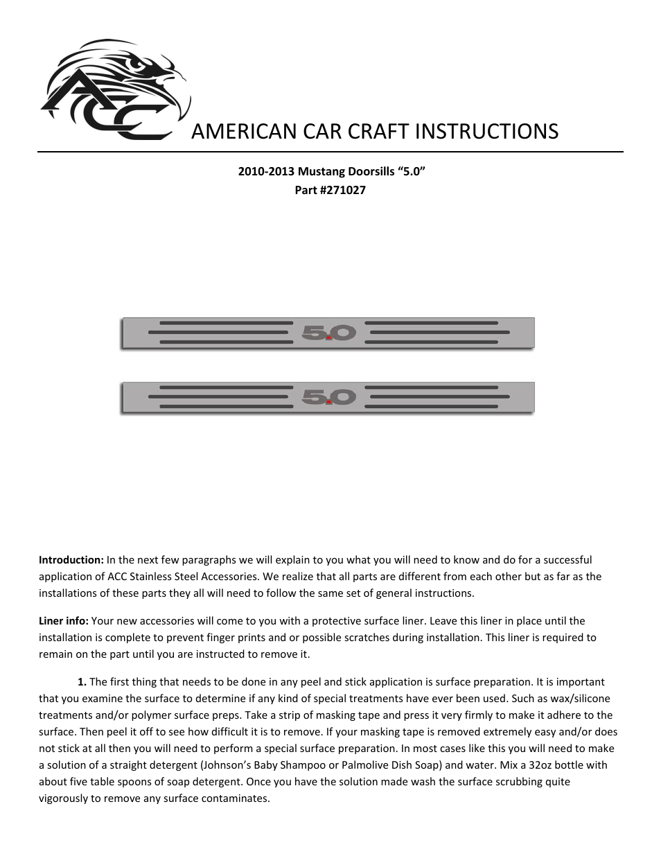 American Car Craft Mustang Doorsills Polished_Brushed "5.0 - Slotted Carbon Fiber 2Pc Outer 2010-2013" User Manual | 2 pages