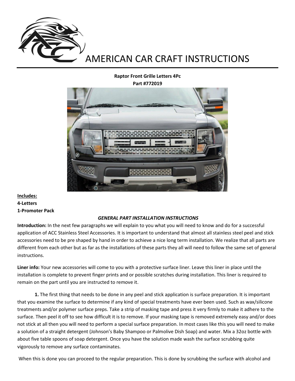 American Car Craft Ford Raptor Front Grille Letter Set 4Pc Brushed 2010-2013 User Manual | 2 pages