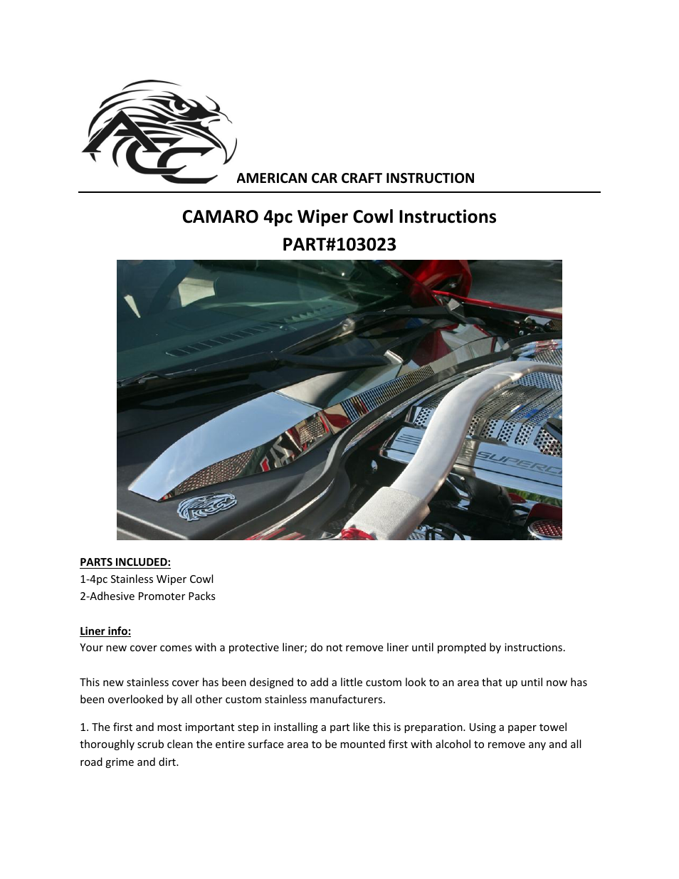 American Car Craft Camaro Wiper Cowl Polished 4Pc 2010-2013 User Manual | 2 pages