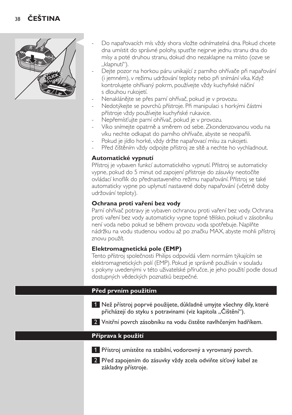 Automatické vypnutí, Ochrana proti vaření bez vody, Elektromagnetická pole (emp) | Před prvním použitím, Příprava k použití | Philips HD9160 User Manual | Page 38 / 242