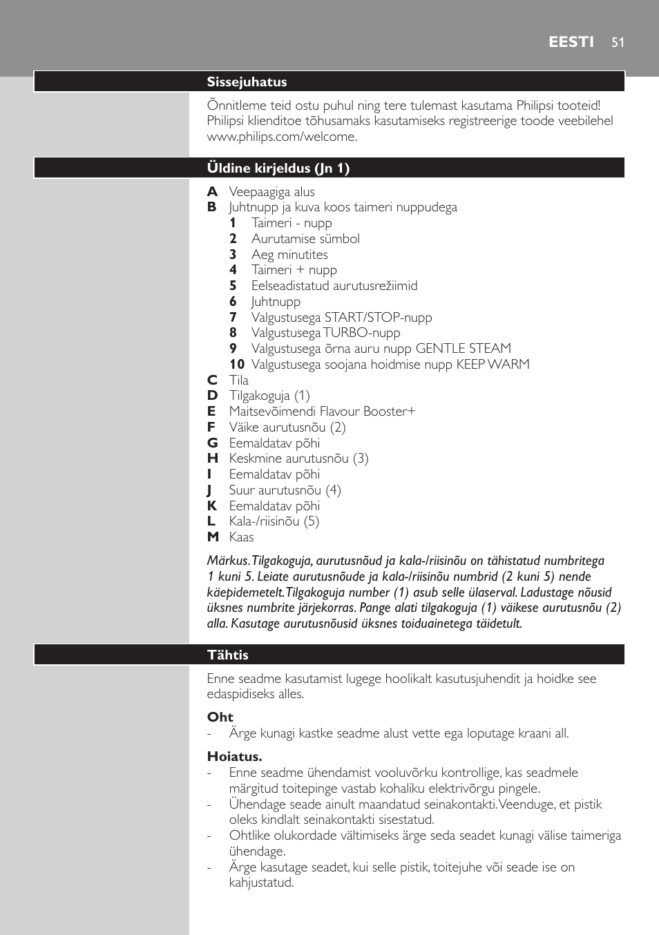 Hoiatus, Eesti, Sissejuhatus | Üldine kirjeldus (jn 1), Tähtis | Philips HD9160 User Manual | Page 51 / 242