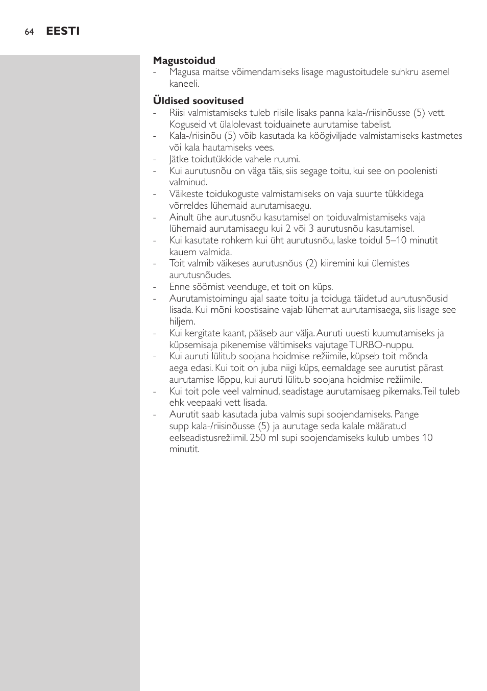 Näpunäited toidu aurutamiseks, Maitsevõimendi flavour booster, Köögivili ja puuviljad | Liha, linnuliha, mereannid ja munad, Magustoidud, Üldised soovitused | Philips HD9160 User Manual | Page 64 / 242