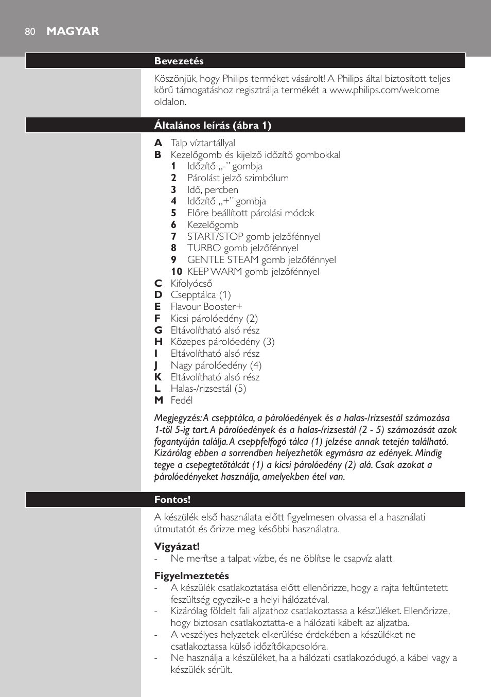 Figyelmeztetés, Vigyázat, Magyar | Bevezetés, Általános leírás (ábra 1), Fontos | Philips HD9160 User Manual | Page 80 / 242