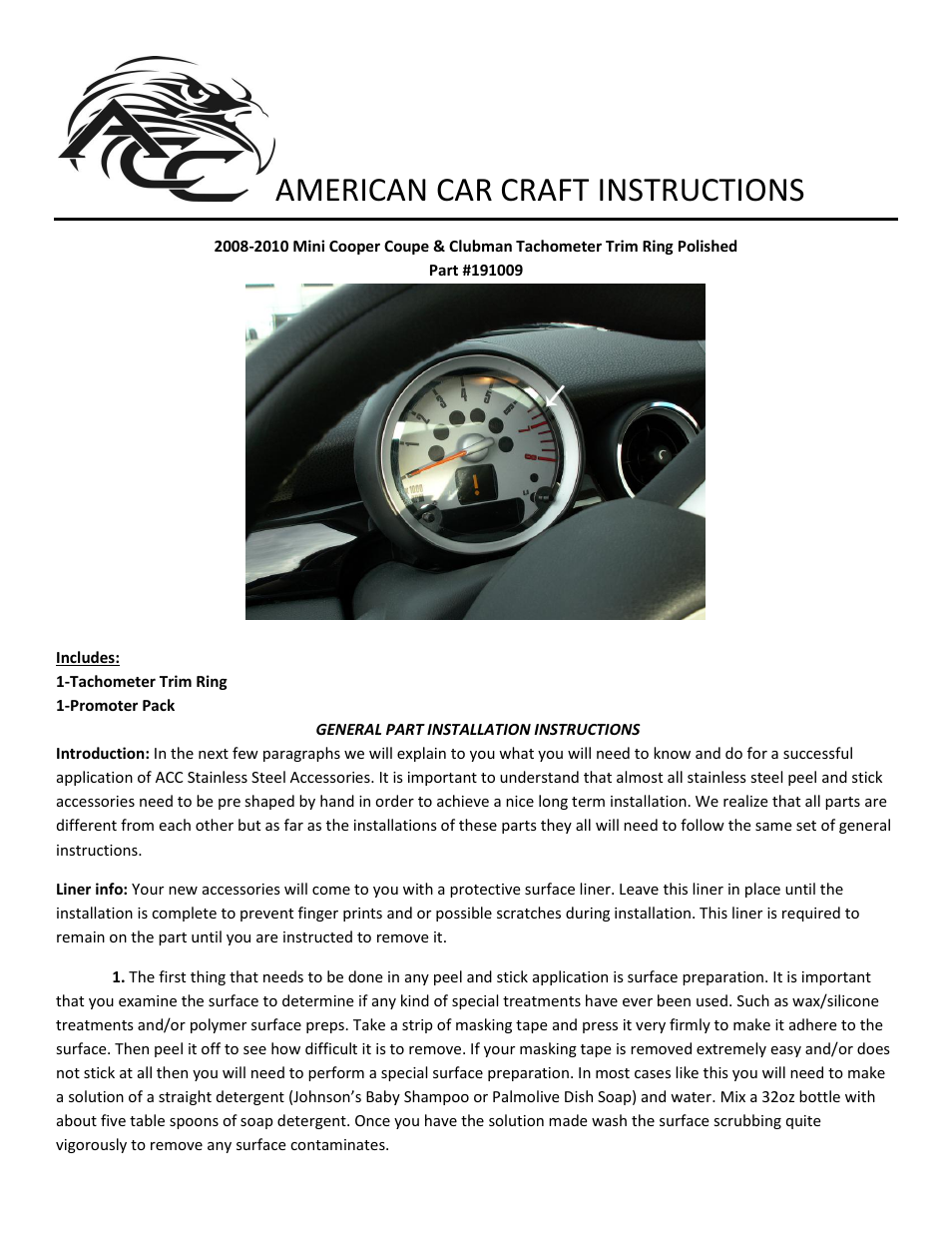 American Car Craft Mini Cooper Coupe & Clubman Tachometer Trim Ring Polished 2008-2010 User Manual | 2 pages