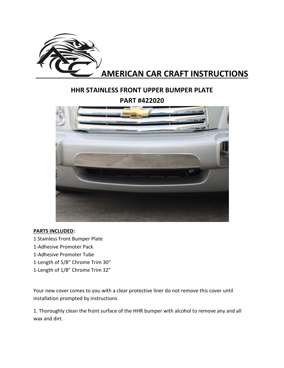 American Car Craft HHR Bumper Plate Polished Front Upper 2006-2012 User Manual | 2 pages