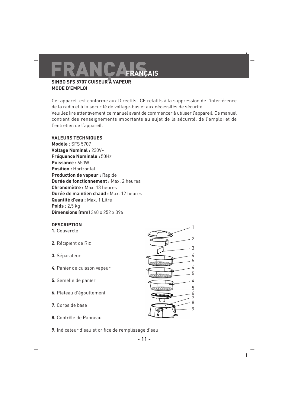 Français | SINBO SFS 5707 User Manual | Page 12 / 43