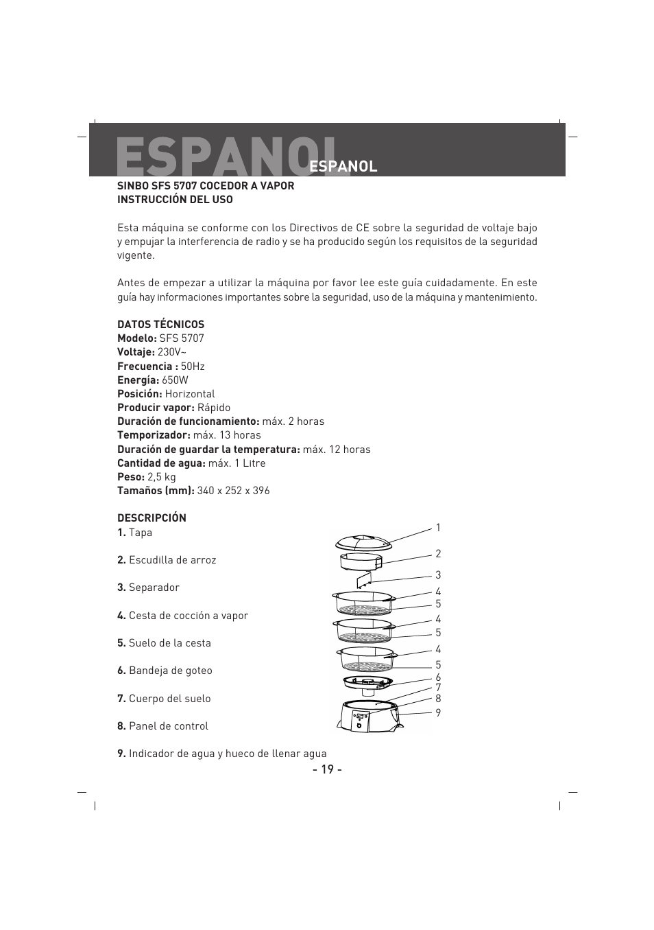 Espanol | SINBO SFS 5707 User Manual | Page 20 / 43