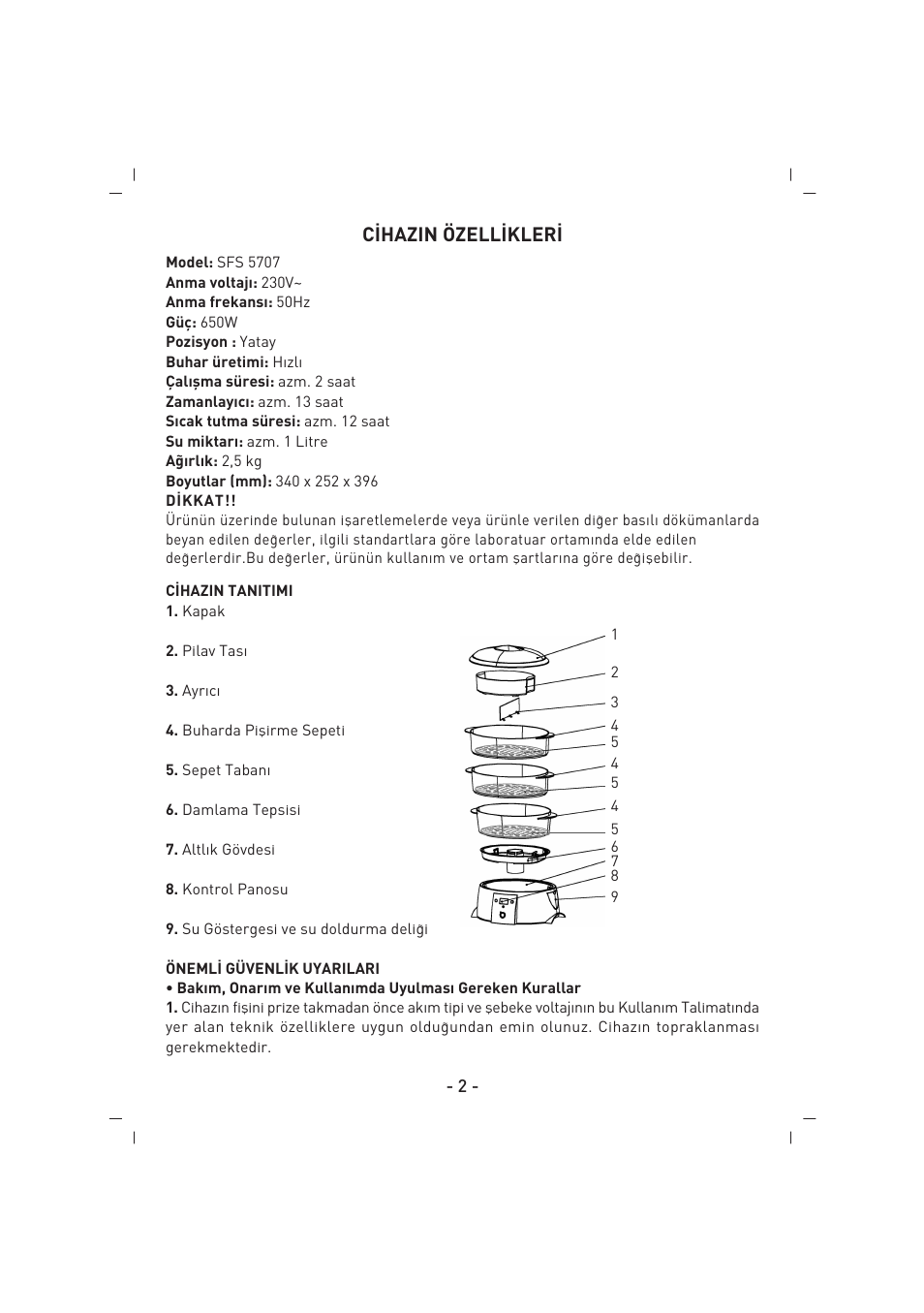 C‹hazin özell‹kler | SINBO SFS 5707 User Manual | Page 3 / 43