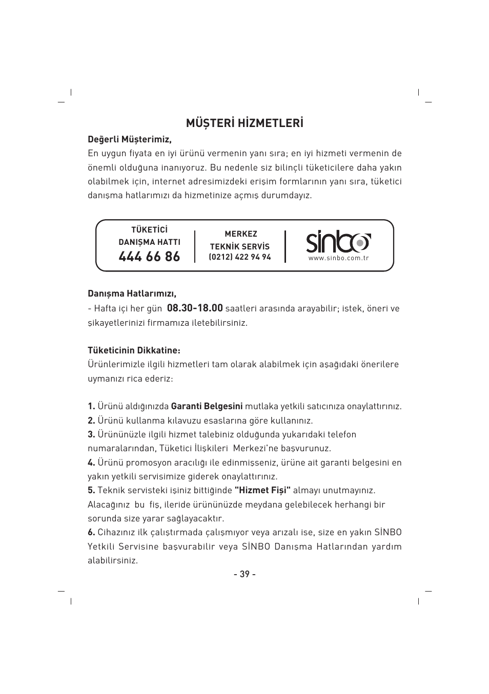 Müfiter‹ h‹zmetler | SINBO SFS 5707 User Manual | Page 40 / 43
