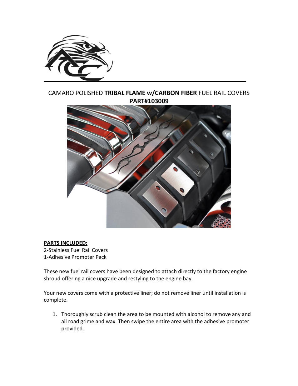 American Car Craft Camaro Fuel Rail Covers Polished Carbon Fiber "Tribal Flame 2010-2013" User Manual | 2 pages