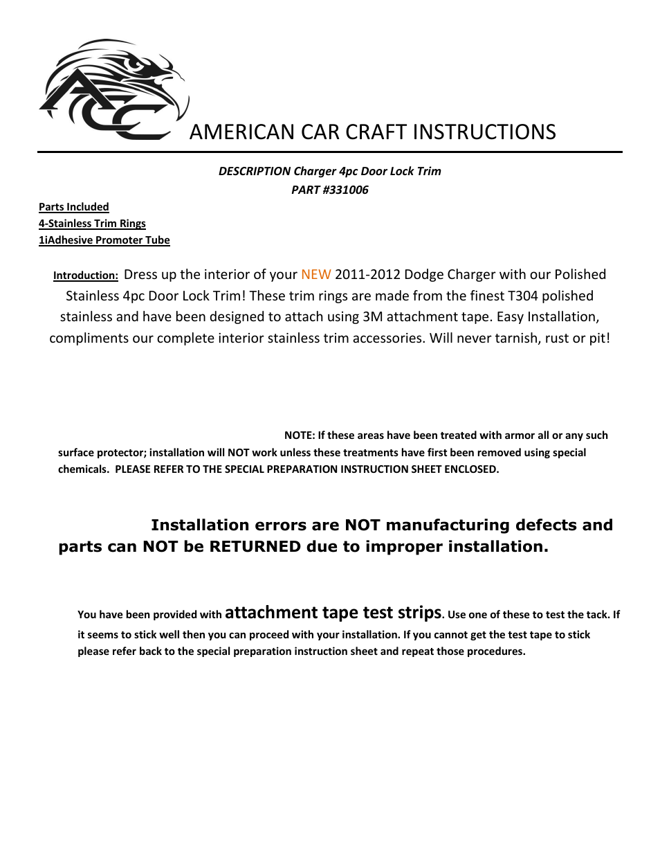 American Car Craft Dodge Charger _ Chrysler 300 Door Lock Trim Ring 4Pc 2011-2013 User Manual | 1 page