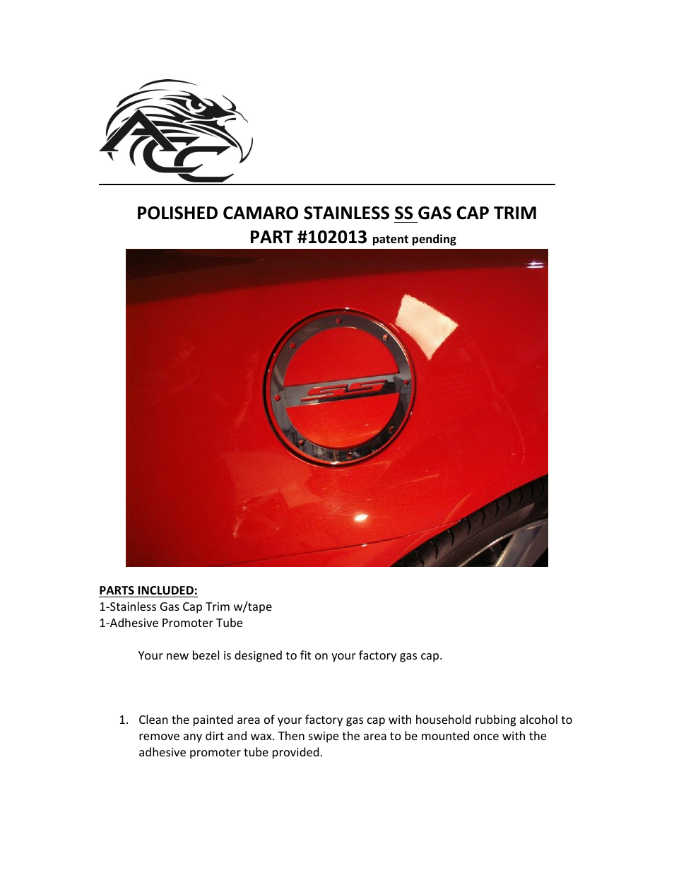 American Car Craft Camaro Gas Cap Cover Polished "SS 2010-2013" User Manual | 2 pages