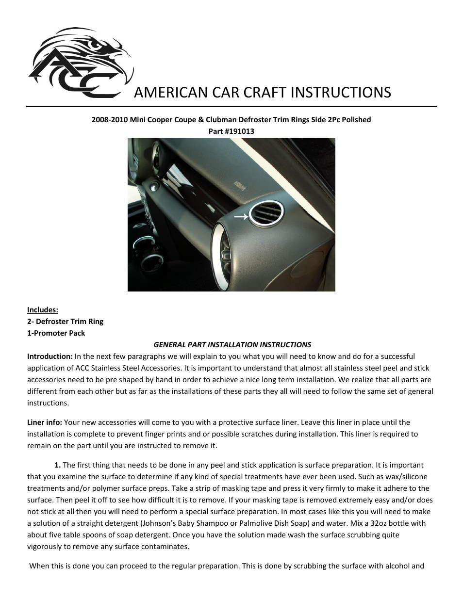 American Car Craft Mini Cooper Coupe & Clubman Defroster Trim Rings Side 2Pc Polished 2008-2010 User Manual | 2 pages