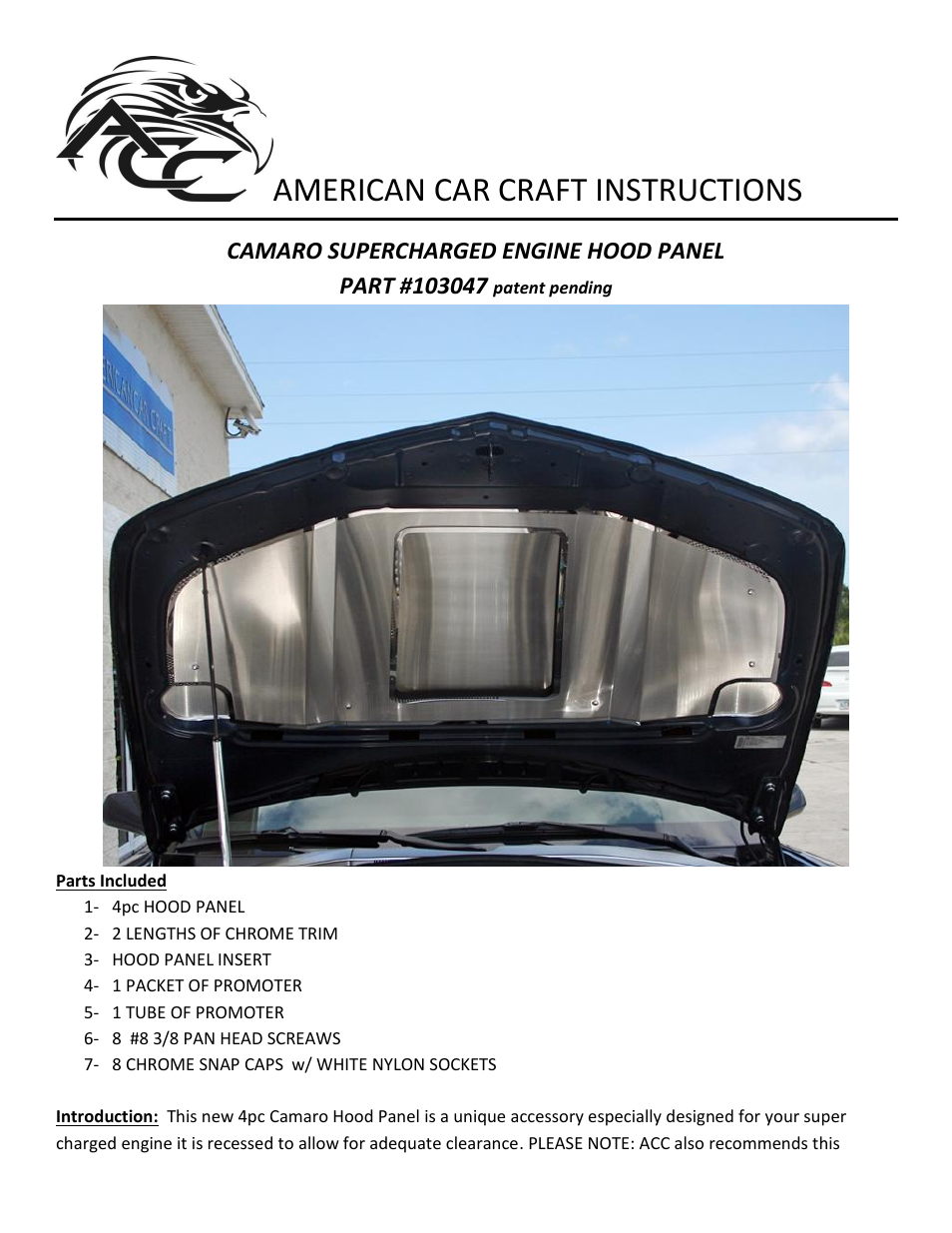 American Car Craft Camaro Hood Panel Supercharged 4Pc 2010-2013 User Manual | 3 pages