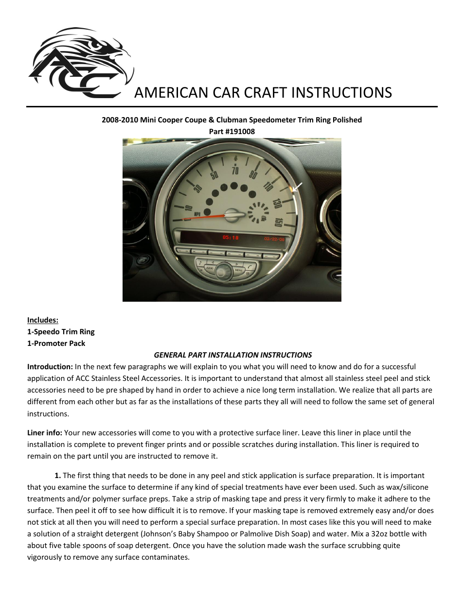 American Car Craft Mini Cooper Coupe & Clubman Speedometer Trim Ring Polished 2008-2010 User Manual | 2 pages