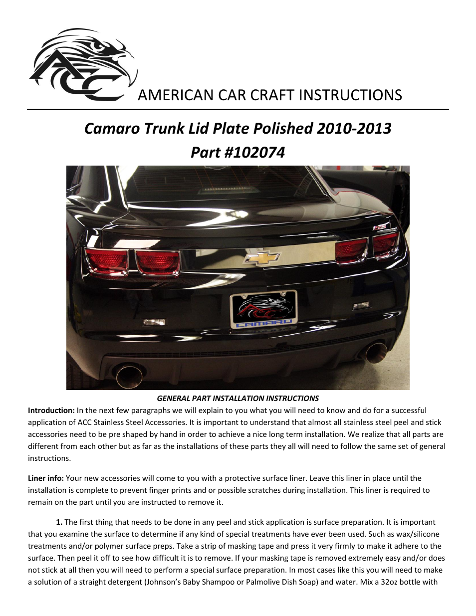 American Car Craft Camaro Trunk Lid Plate 2010-2013 all User Manual | 2 pages