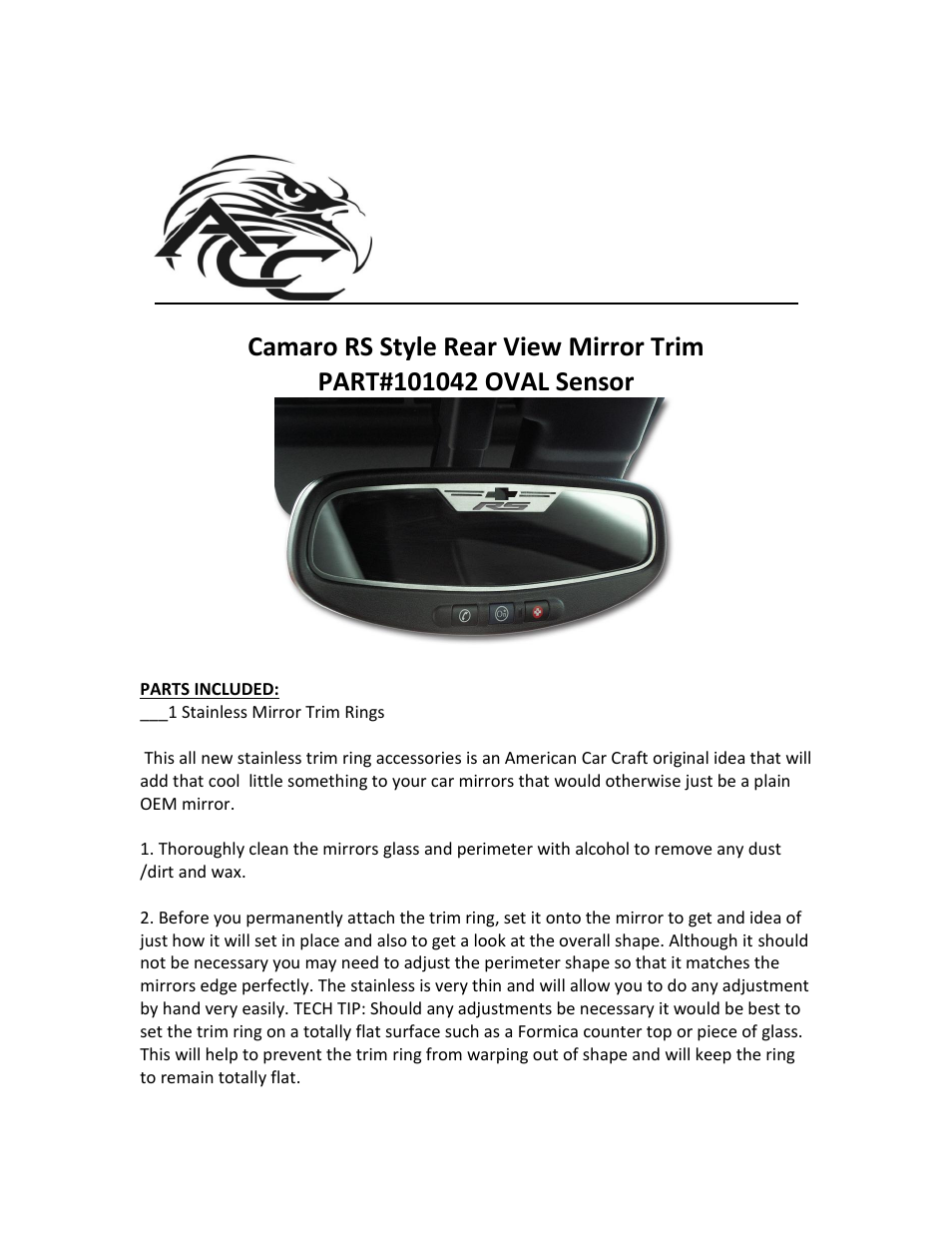 American Car Craft Camaro Rear View Mirror Trim "RS Style Brushed 2010-2013 Oval - sensor" User Manual | 2 pages