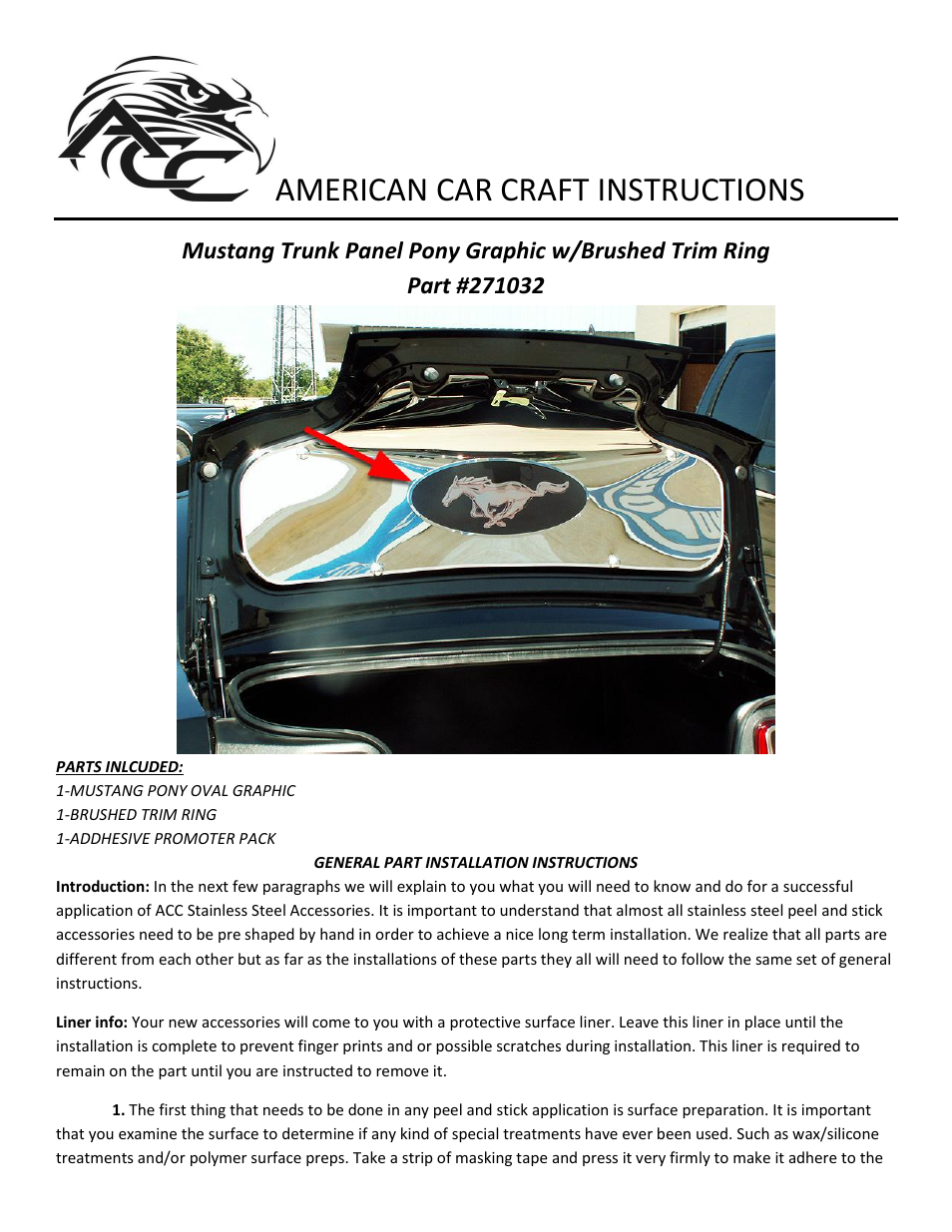 American Car Craft Mustang Trunk Panel Pony Graphic with Brushed Trim Ring User Manual | 2 pages