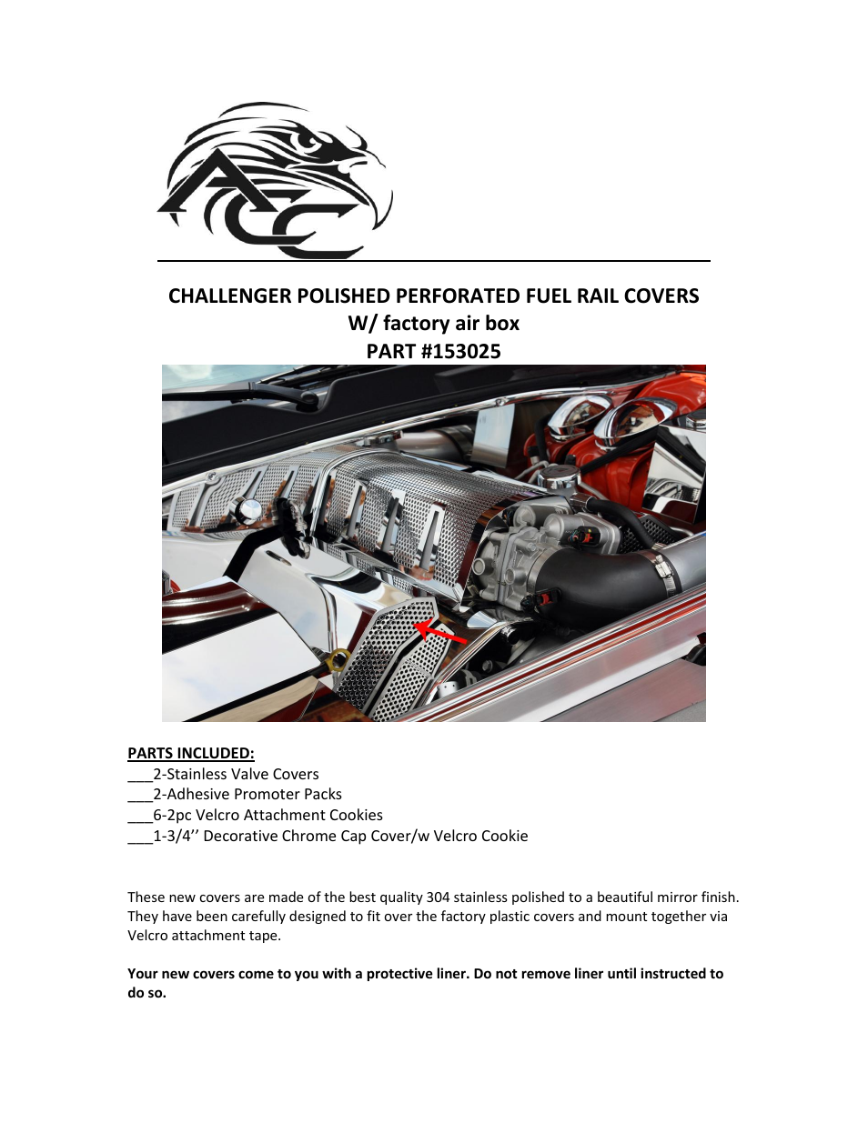 American Car Craft Challenger_Charger_Magnum_300 SRT 8 Fuel Rail Covers Polished_Perforated (Factory Air Box) 2008-2011 User Manual | 2 pages