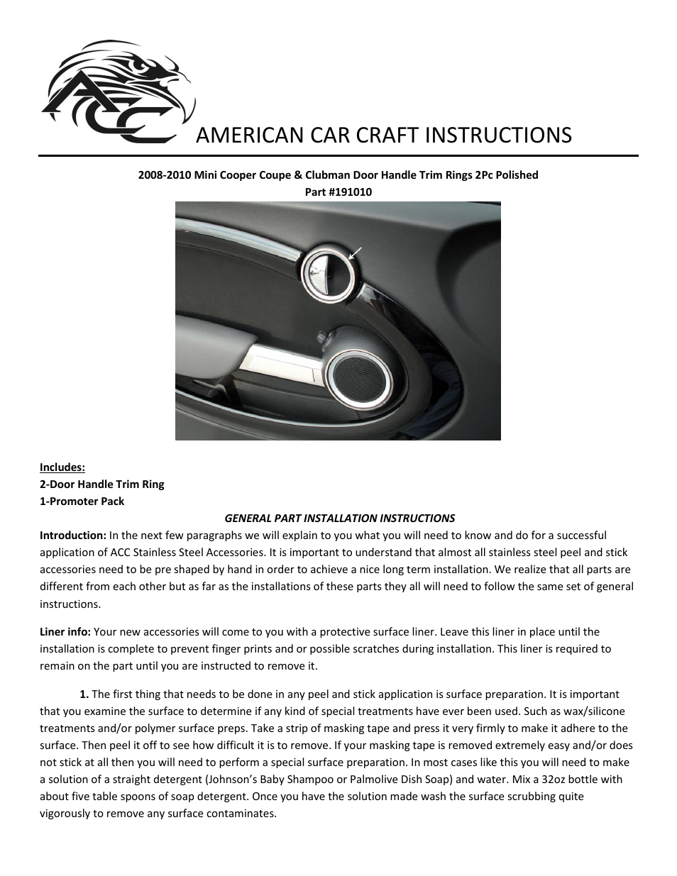 American Car Craft Mini Cooper Coupe & Clubman Door Handle Trim Rings 2Pc Polished 2008-2010 User Manual | 2 pages