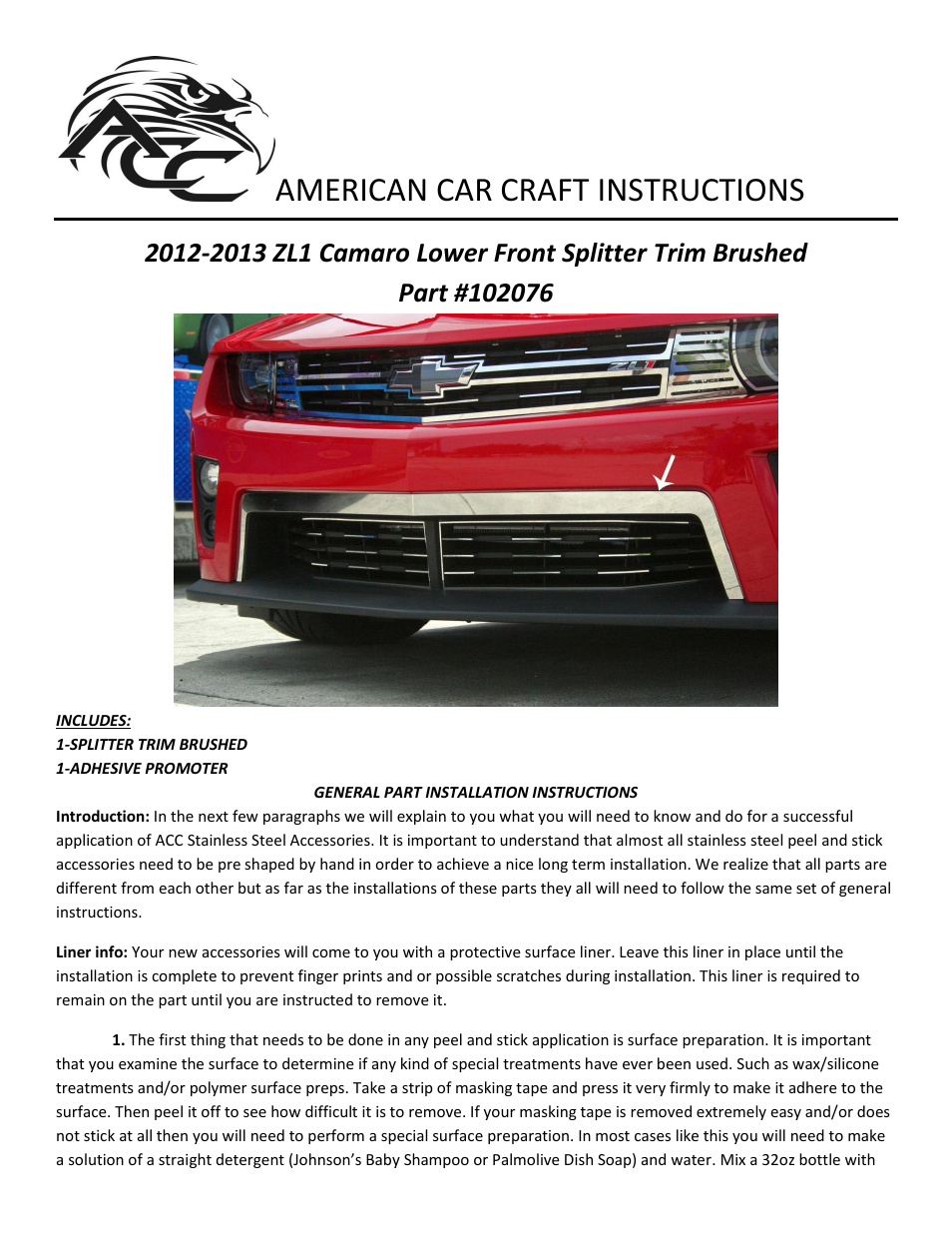 American Car Craft Camaro Splitter Lower Front Trim Brushed 2012-2013 ZL1 only User Manual | 2 pages