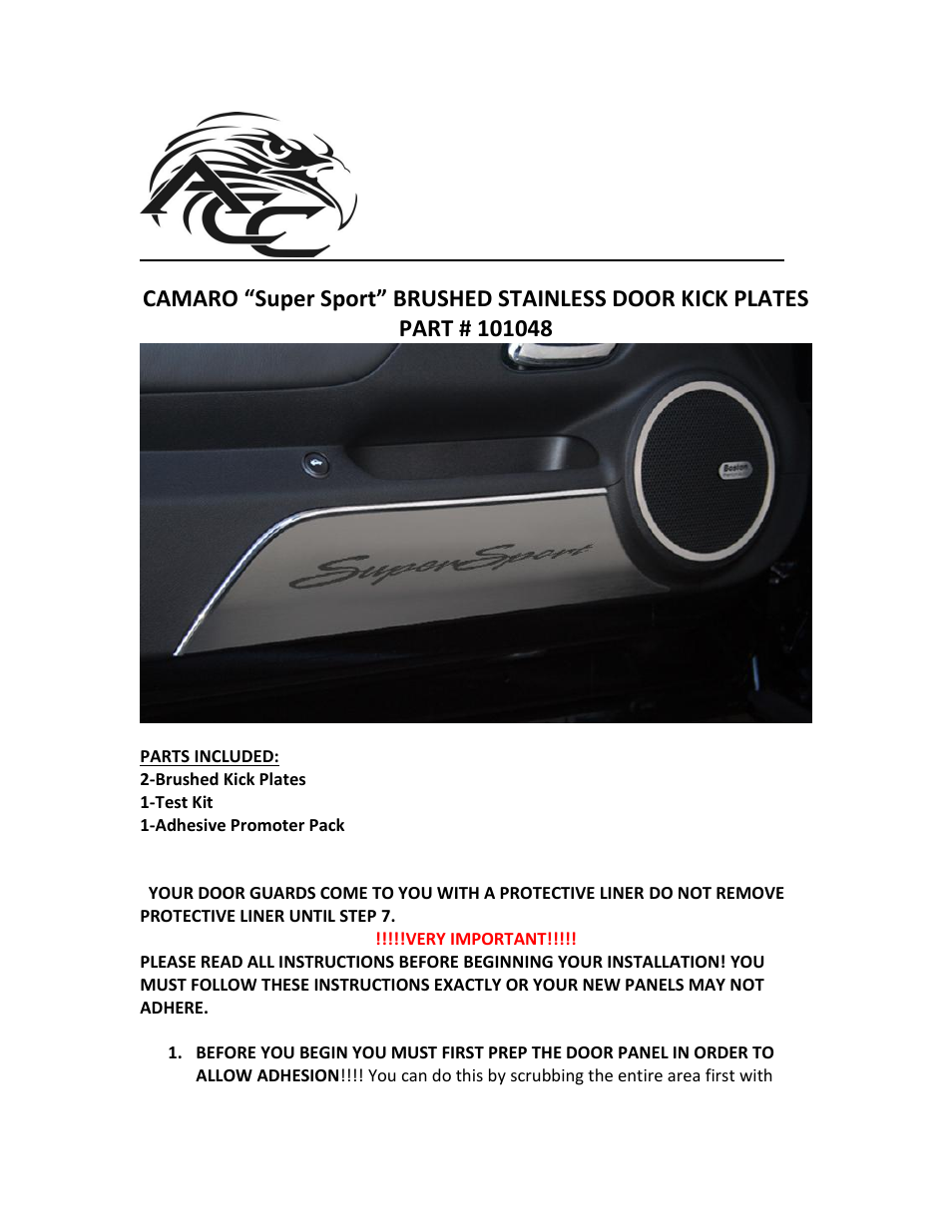 American Car Craft Camaro Door Panel Kick Plates "Super Sport Style Brushed 2Pc 2010-2013" User Manual | 3 pages