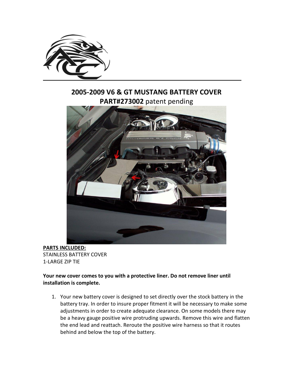 American Car Craft Mustang Battery Cover Polished Stand Alone V6 & GT 2005-2009 User Manual | 2 pages