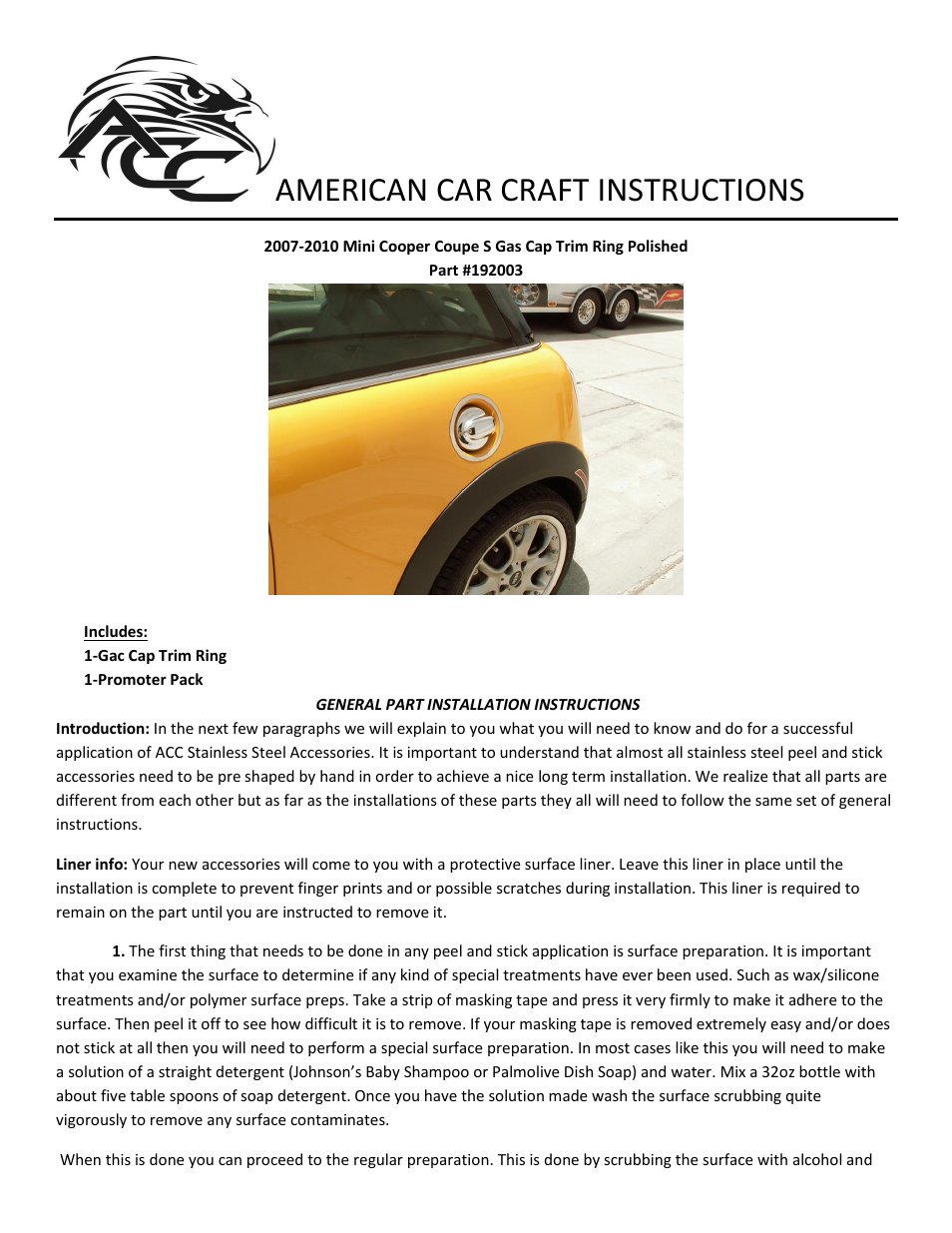 American Car Craft Mini Cooper Coupe S Gas Cap Trim Ring Polished 2007-2010 User Manual | 2 pages