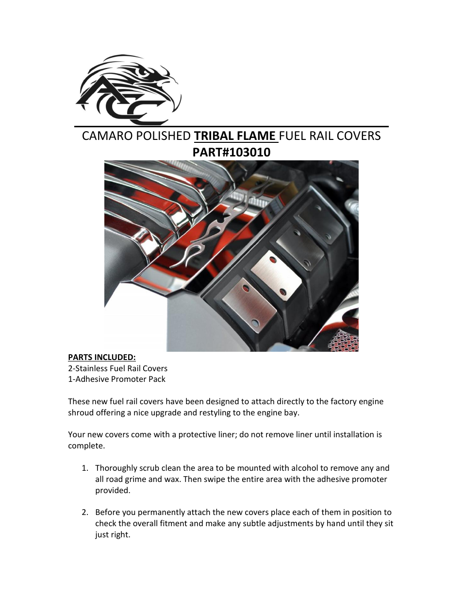 American Car Craft Camaro Fuel Rail Covers Polished "Tribal Flame 2010-2013" User Manual | 2 pages