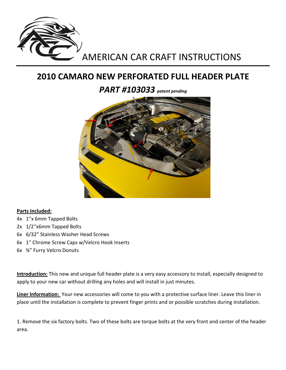 American Car Craft Camaro Header Plate Perforated Full Size 2010-2013 includes ZL1 User Manual | 2 pages