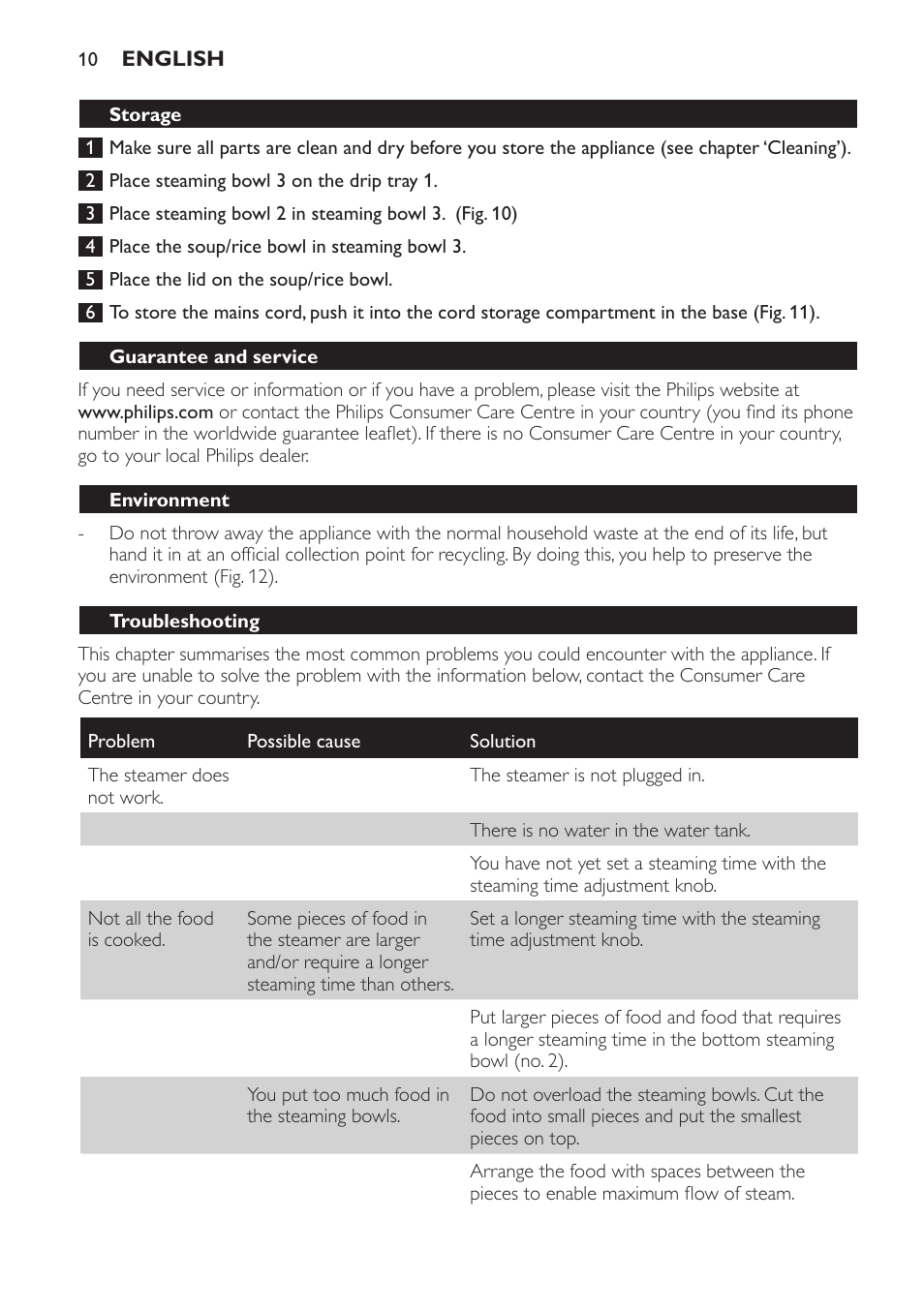 Storage, Guarantee and service, Environment | Troubleshooting | Philips HD9110 User Manual | Page 10 / 124
