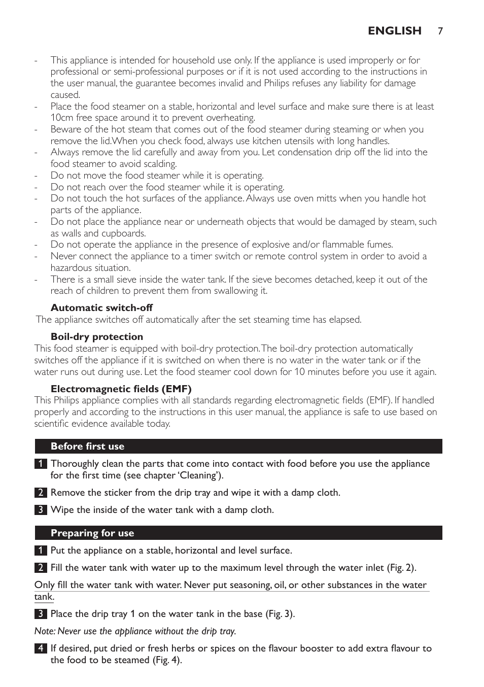 Automatic switch-off, Boil-dry protection, Electromagnetic fields (emf) | Before first use, Preparing for use | Philips HD9110 User Manual | Page 7 / 124