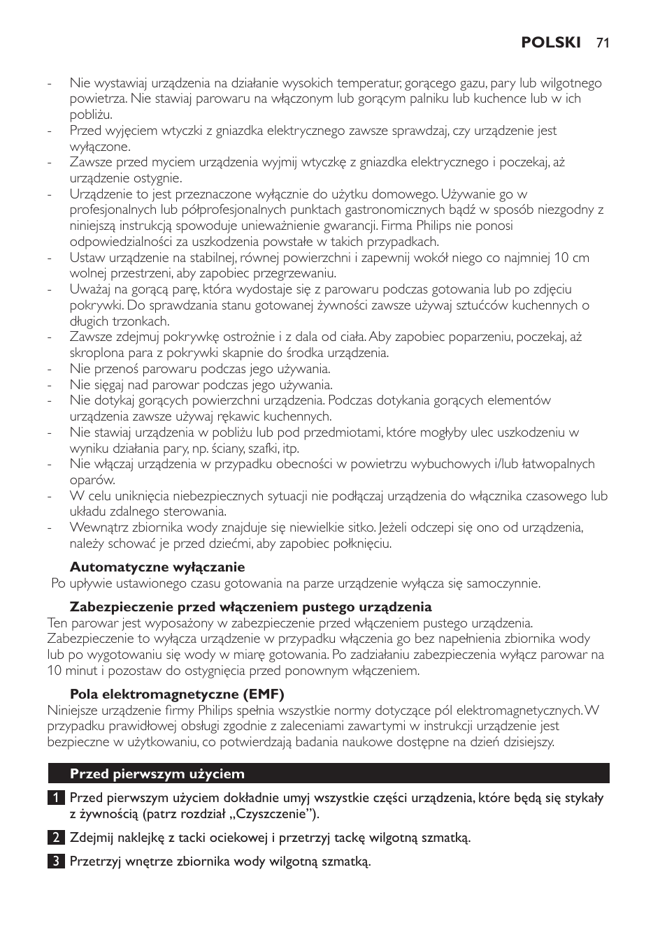 Automatyczne wyłączanie, Zabezpieczenie przed włączeniem pustego urządzenia, Pola elektromagnetyczne (emf) | Przed pierwszym użyciem | Philips HD9110 User Manual | Page 71 / 124