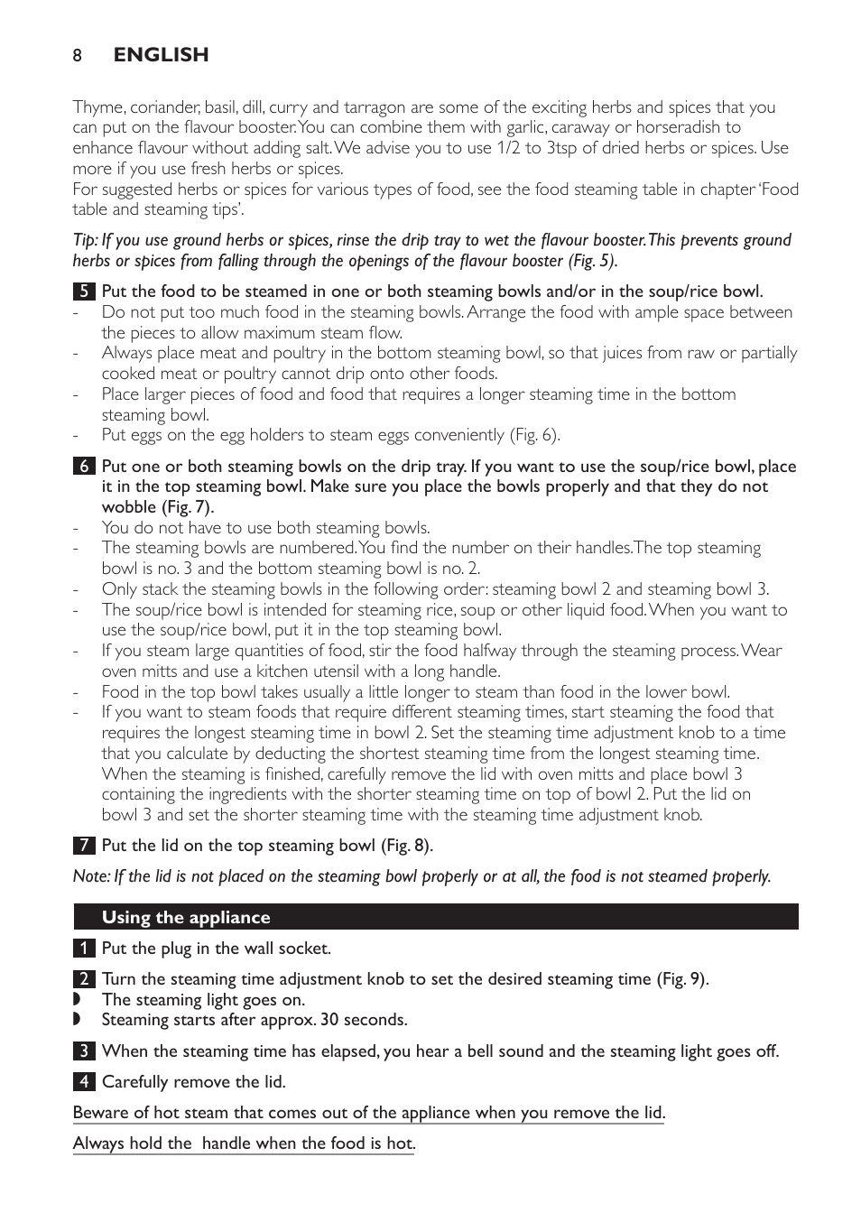 Using the appliance | Philips HD9110 User Manual | Page 8 / 124