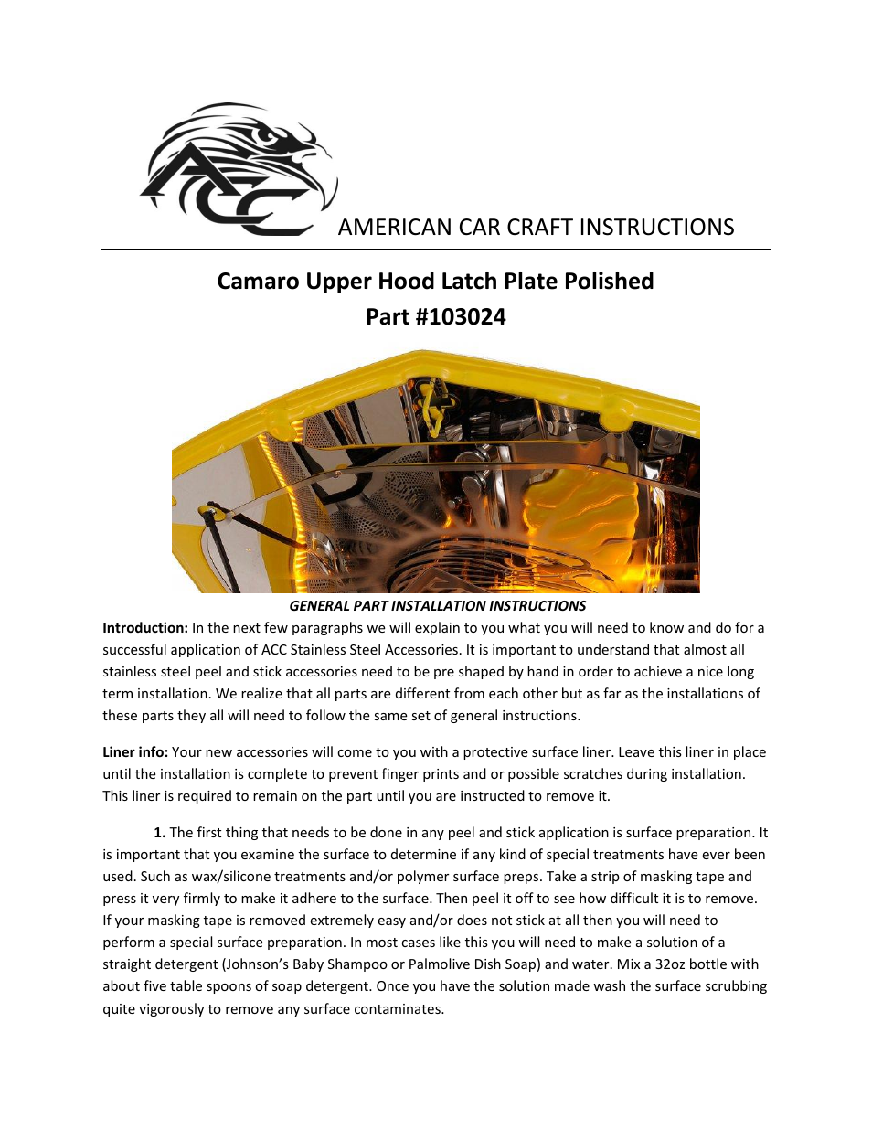 American Car Craft Camaro Hood Latch Plate Polished Upper 2010-2013 User Manual | 2 pages