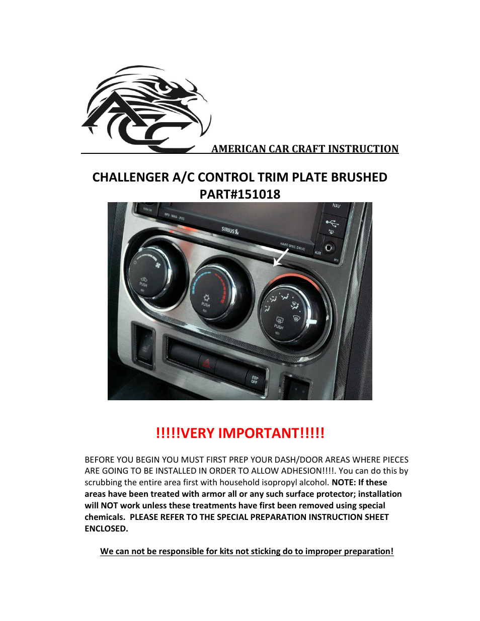 American Car Craft Challenger A_C Control Trim Plate Brushed 2008-2013 User Manual | 2 pages