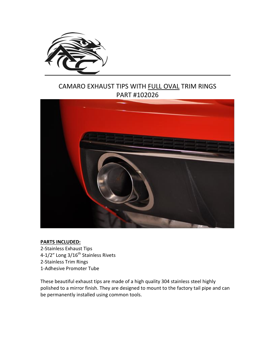 American Car Craft Camaro Exhaust Trim Rings Polished Full Oval w_Polished Stock Exhaust Tips 2010-2013 User Manual | 2 pages