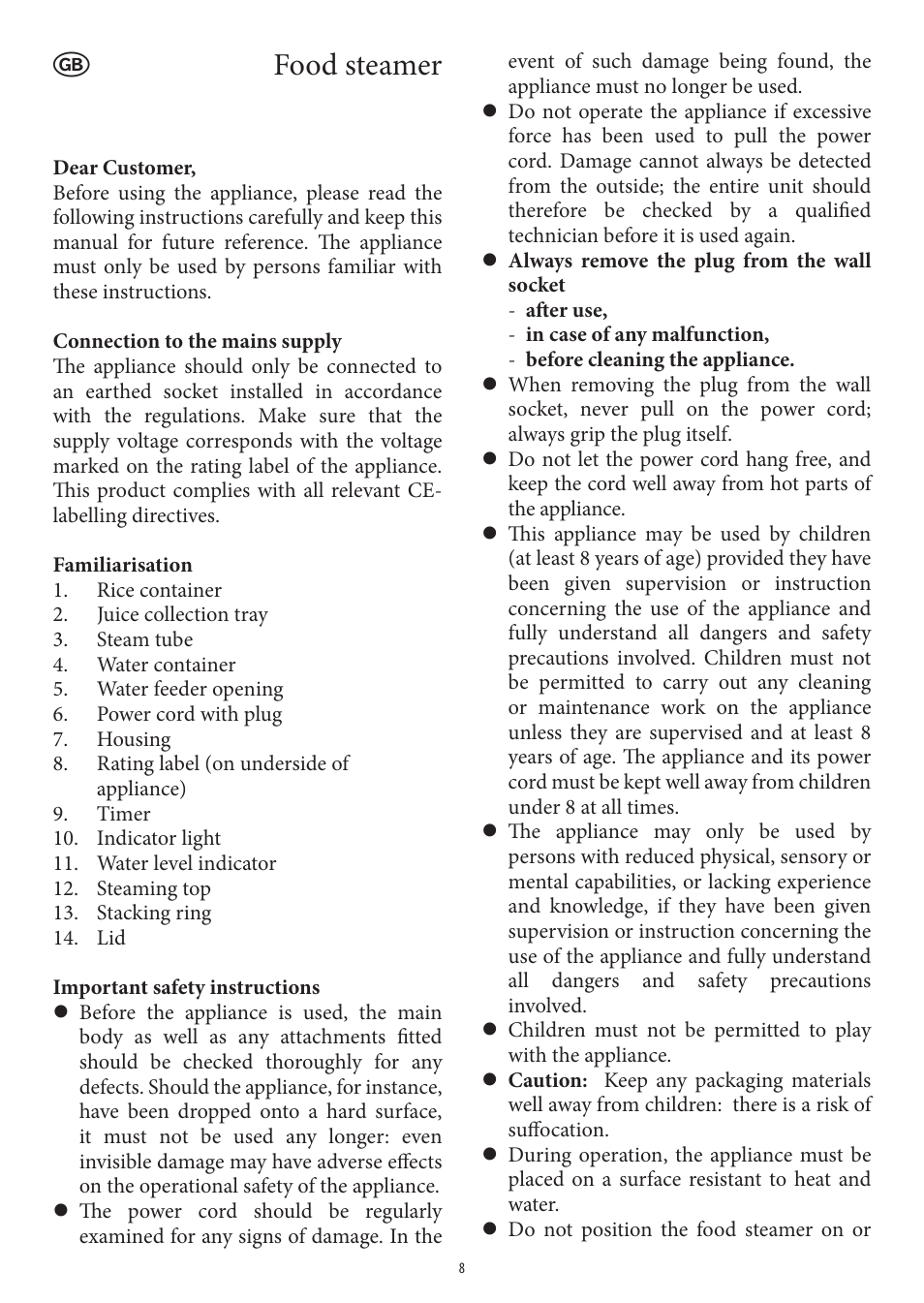 Food steamer | SEVERIN DG 2438 User Manual | Page 8 / 62